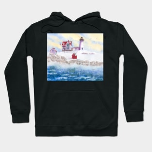 Christmas Card Watercolor Winter at Nubble Lighthouse in Maine Hoodie